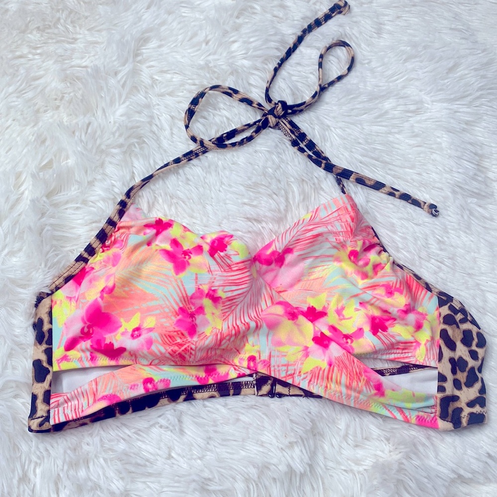 Pink Victoria's Secret Leopard Pink Tropical Floral Wrap Bikini Top Size Medium
